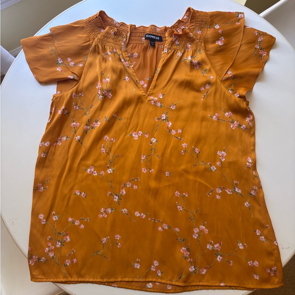 EXPRESS (S) Golden Mustard Double Butterfly Sleeved Floral Blouse